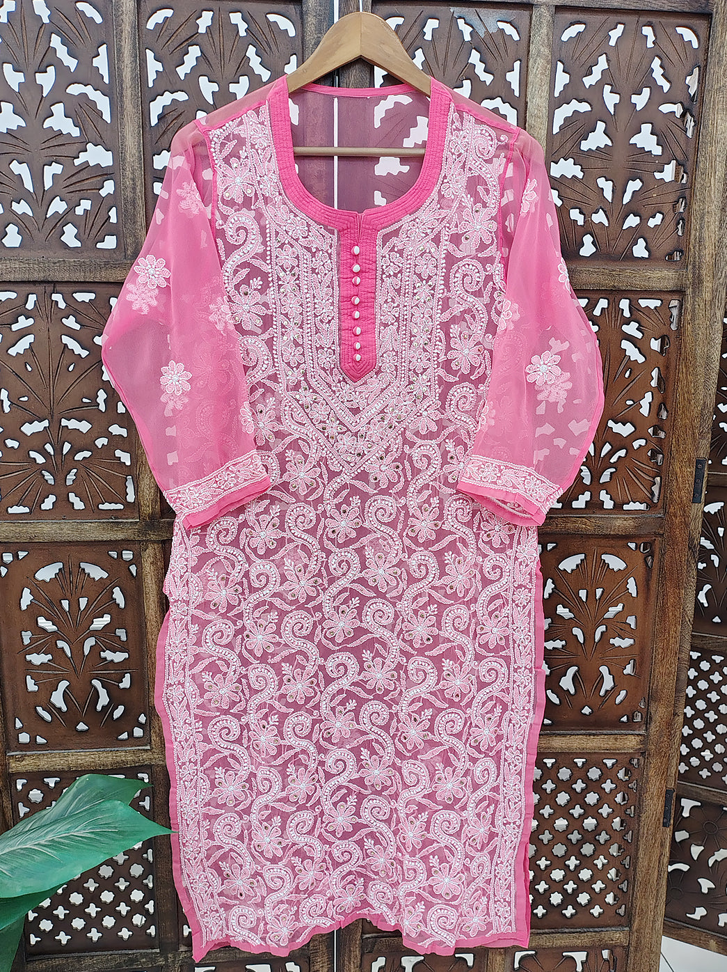 Peach Georgette Chikankari Straight Kurti