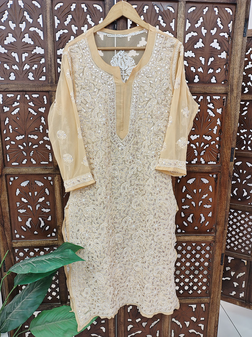 Beige Georgette Chikankari Straight Kurti