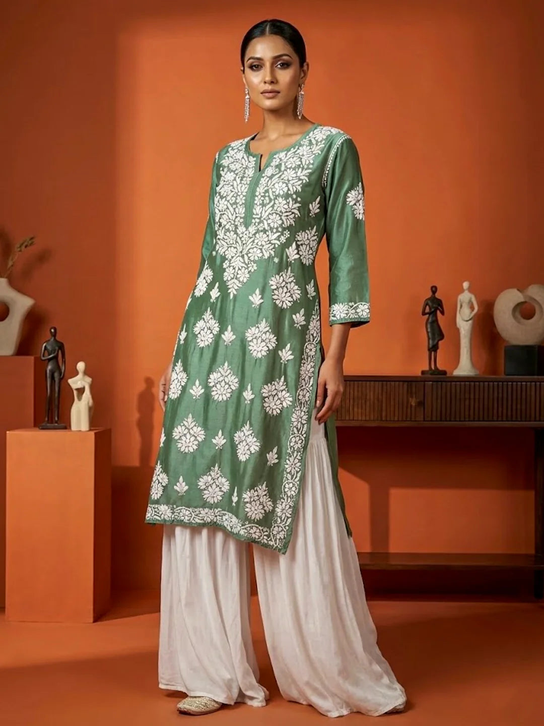 Uzma Chanderi Chikankari Kurta - Green