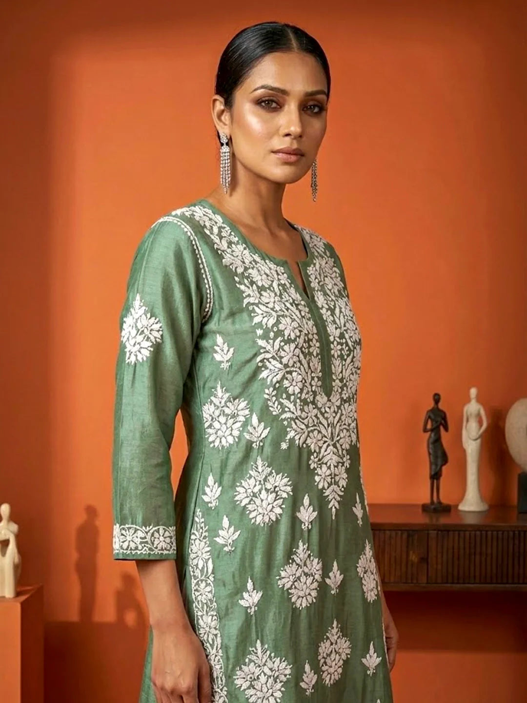 Uzma Chanderi Chikankari Kurta - Green
