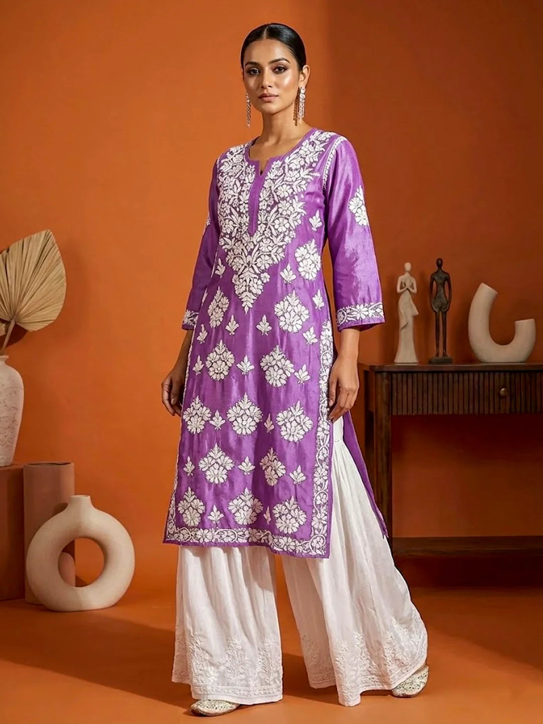 Uzma Chanderi Chikankari Kurta - Lavender