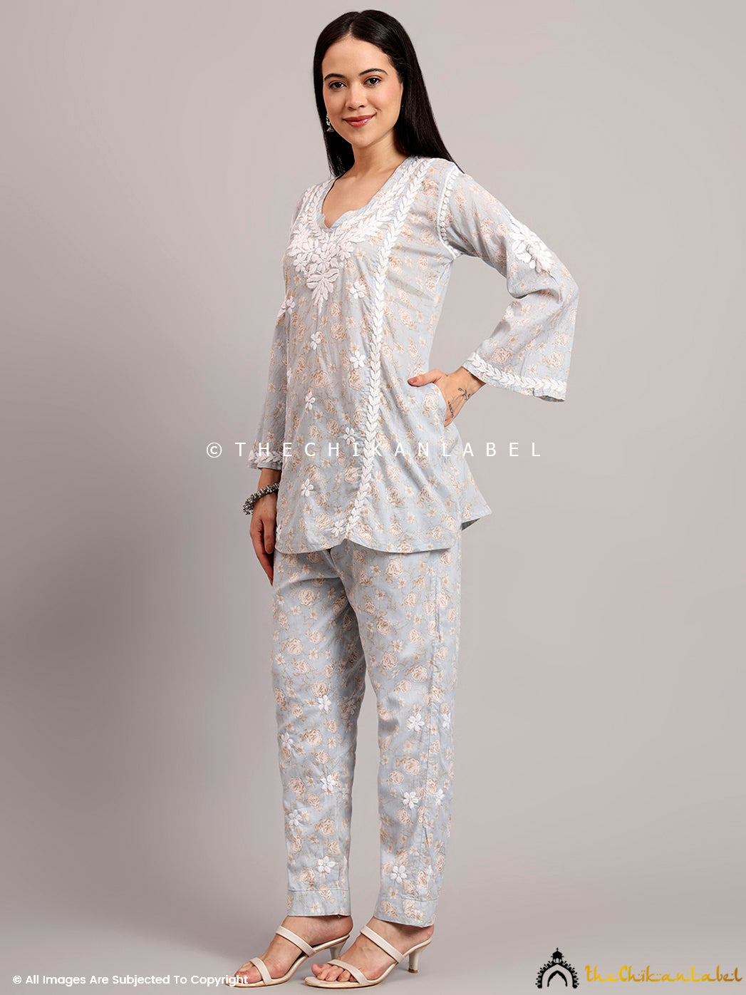 Trending co-ord set featuring mulmul fabric kurta and straight pants, ideal for breathable summer ethnic wear

