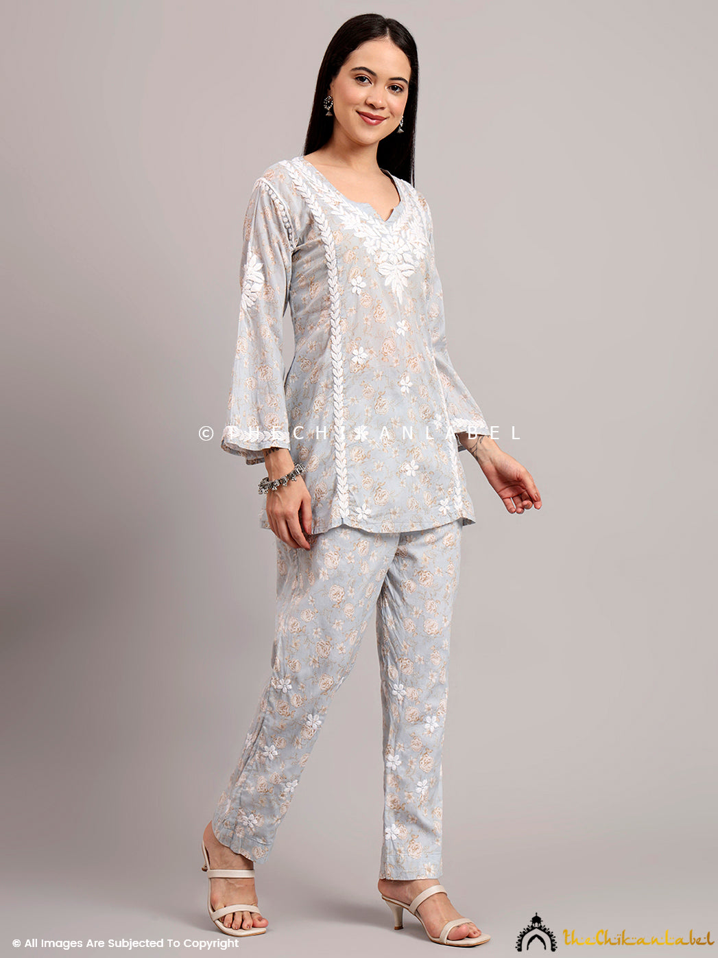 Lightweight coord set with handcrafted Chikankari embroidery on the front panel, styled for work-from-home and weekend outings

