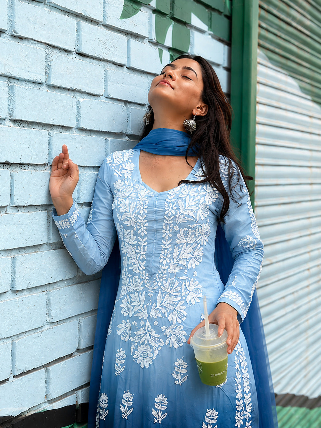 Viona Muslin Chikankari Straight Kurta Set with Dupatta - Blue