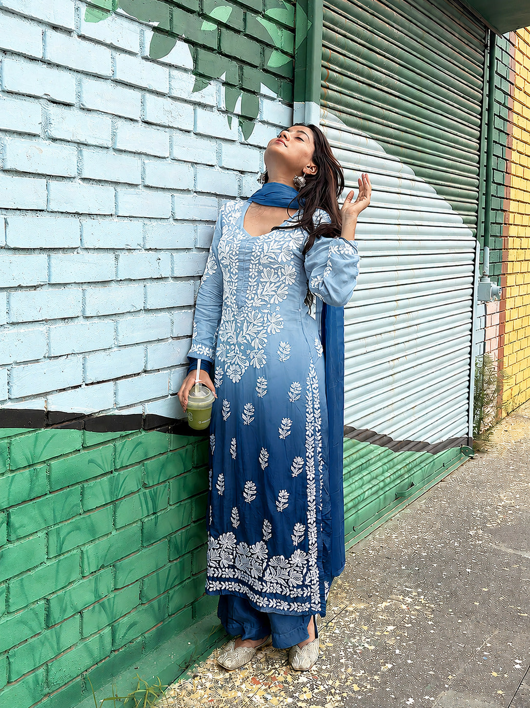 Viona Muslin Chikankari Straight Kurta Set with Dupatta - Blue