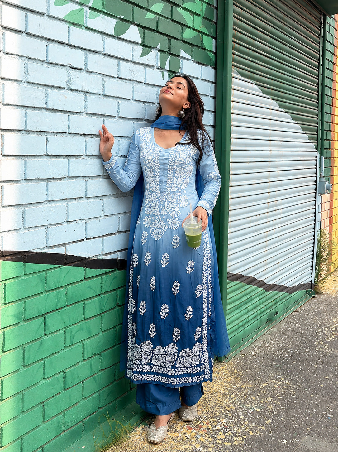 Viona Muslin Chikankari Straight Kurta Set with Dupatta - Blue