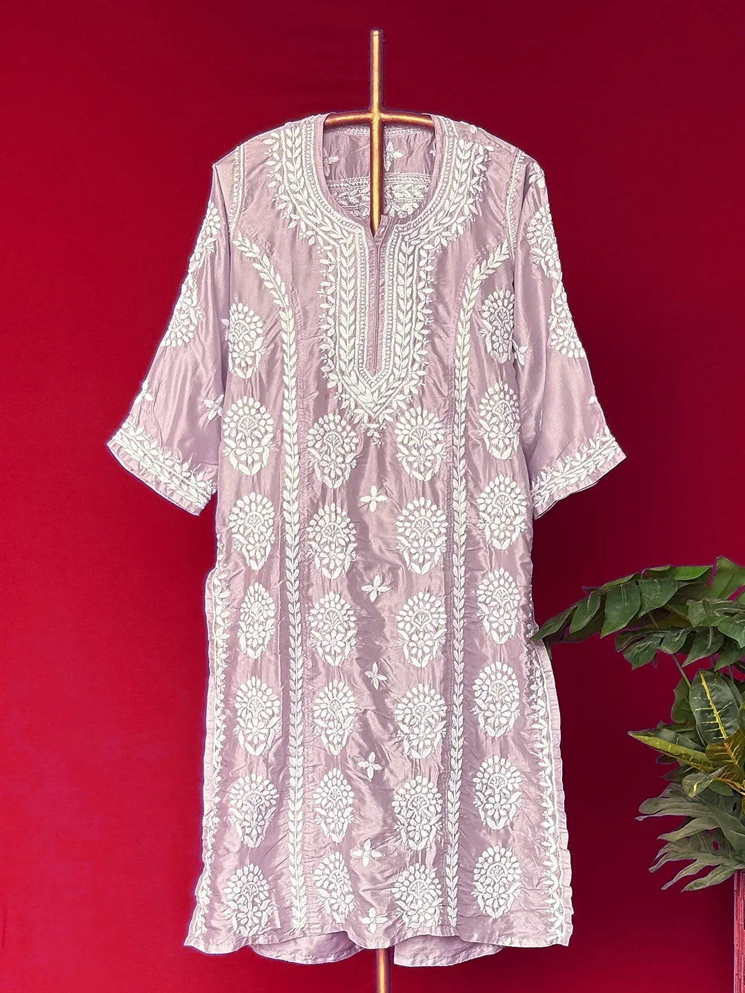 Wareeha Italian Silk Chikankari Kurta - Mauve