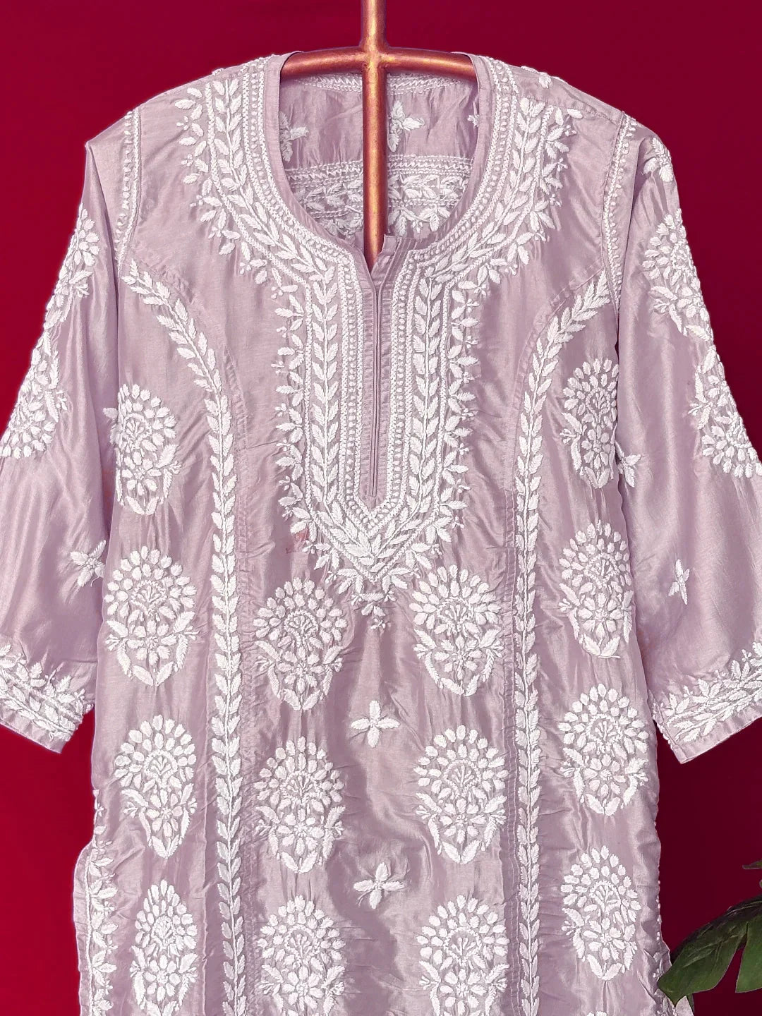 Wareeha Italian Silk Chikankari Kurta - Mauve