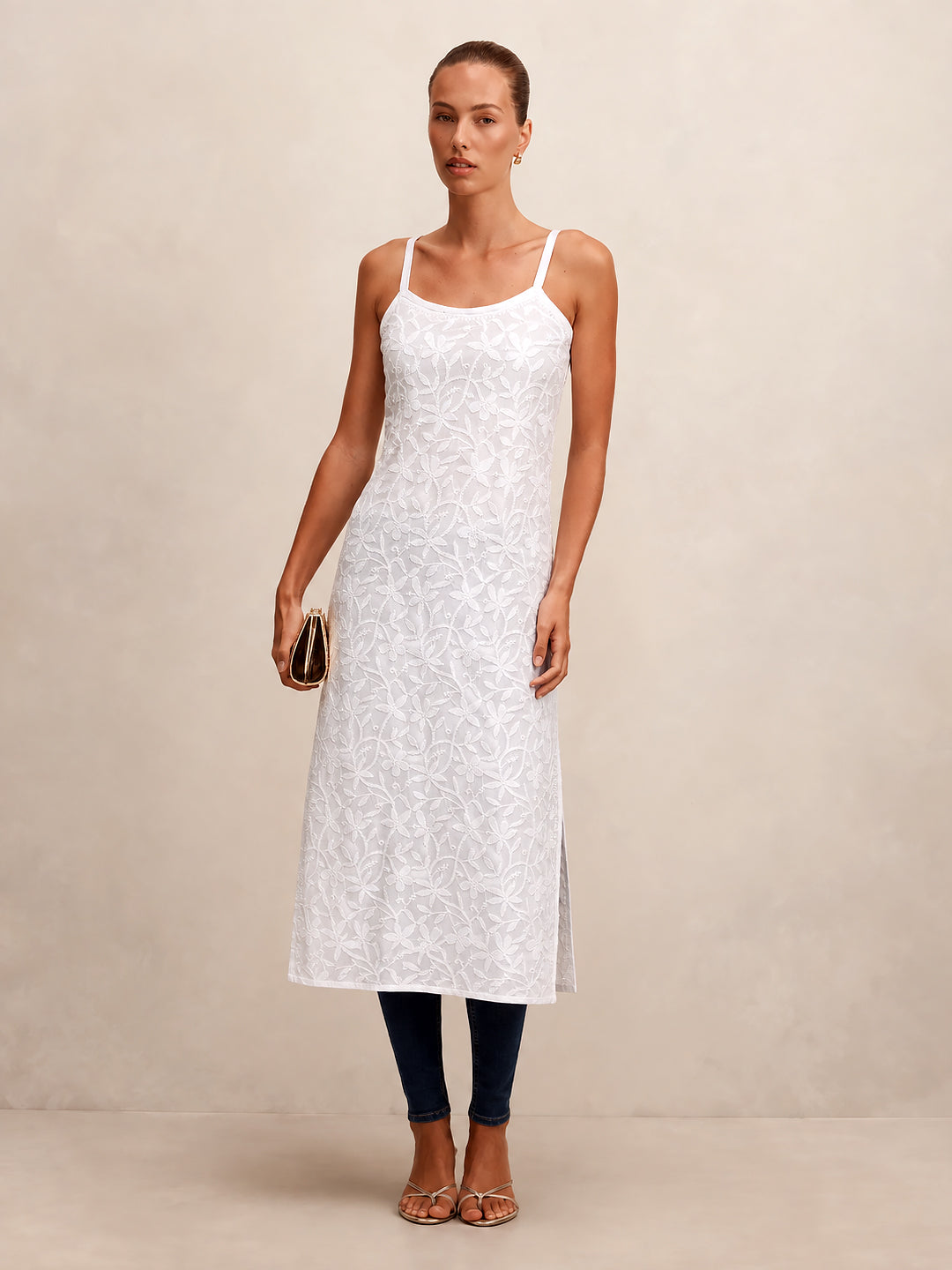 White Shaima Mulmul Chikankari Strappy Kurta