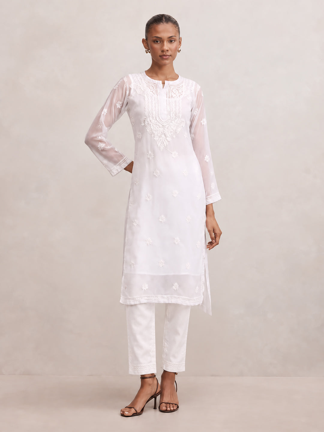 Darshana Georgette Chikankari Straight Kurti with Inner - White