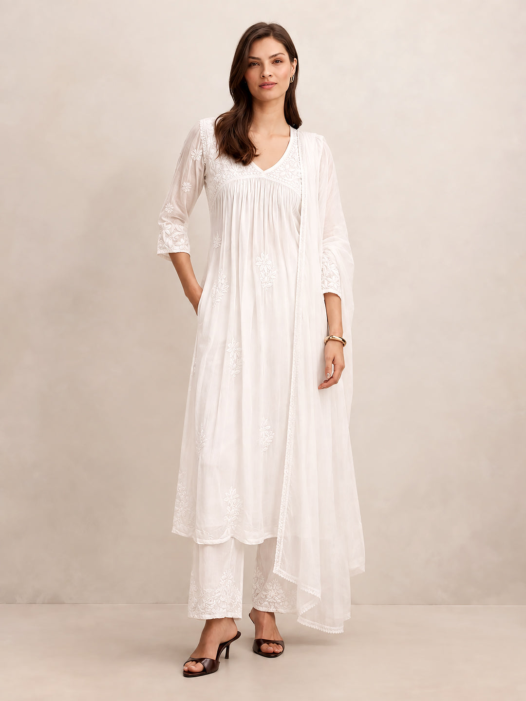Alia Muslin Chikankari Kurta Set with Dupatta - White