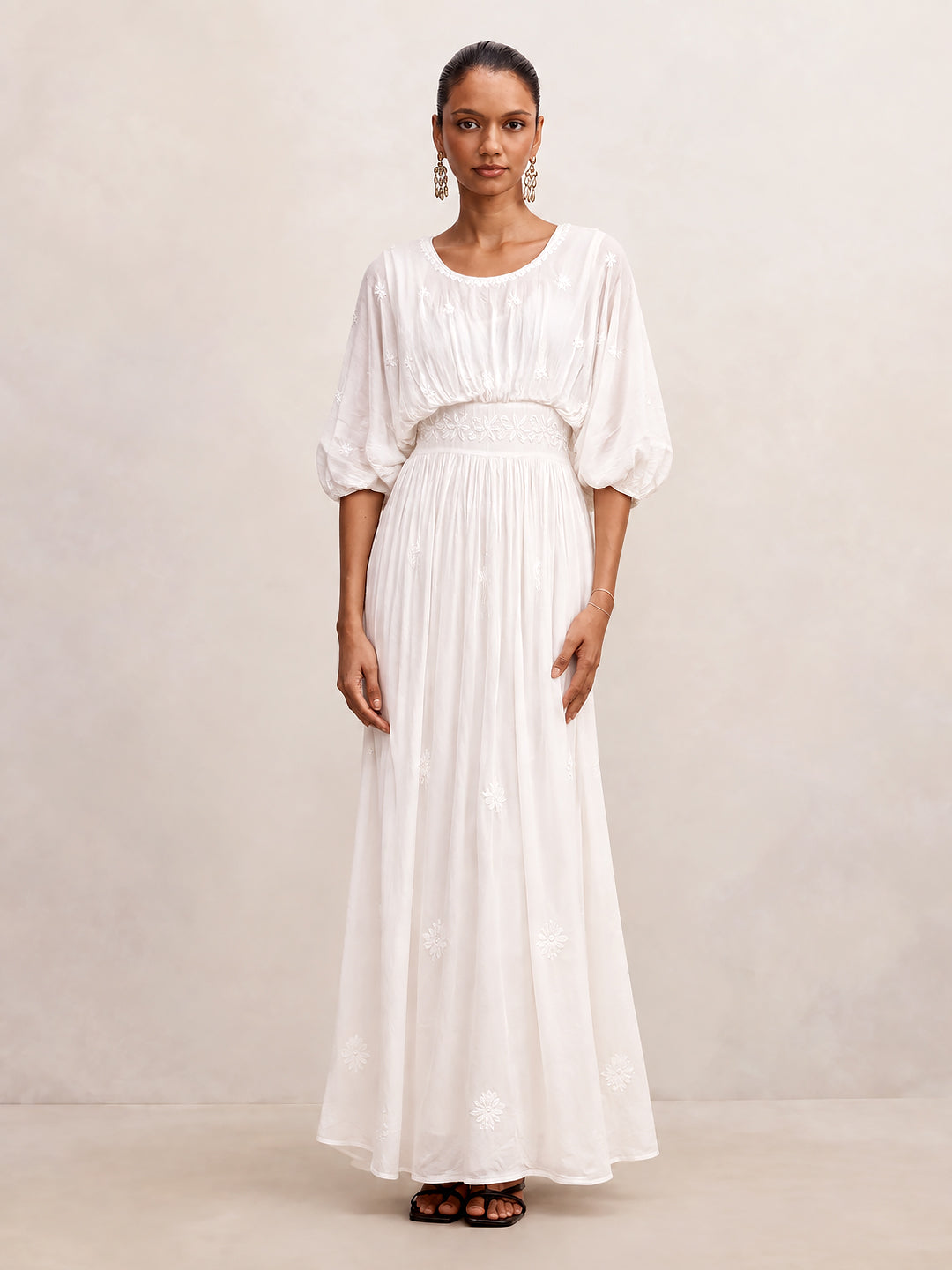 White Muslin Chikankari Kimono Boho Kaftan