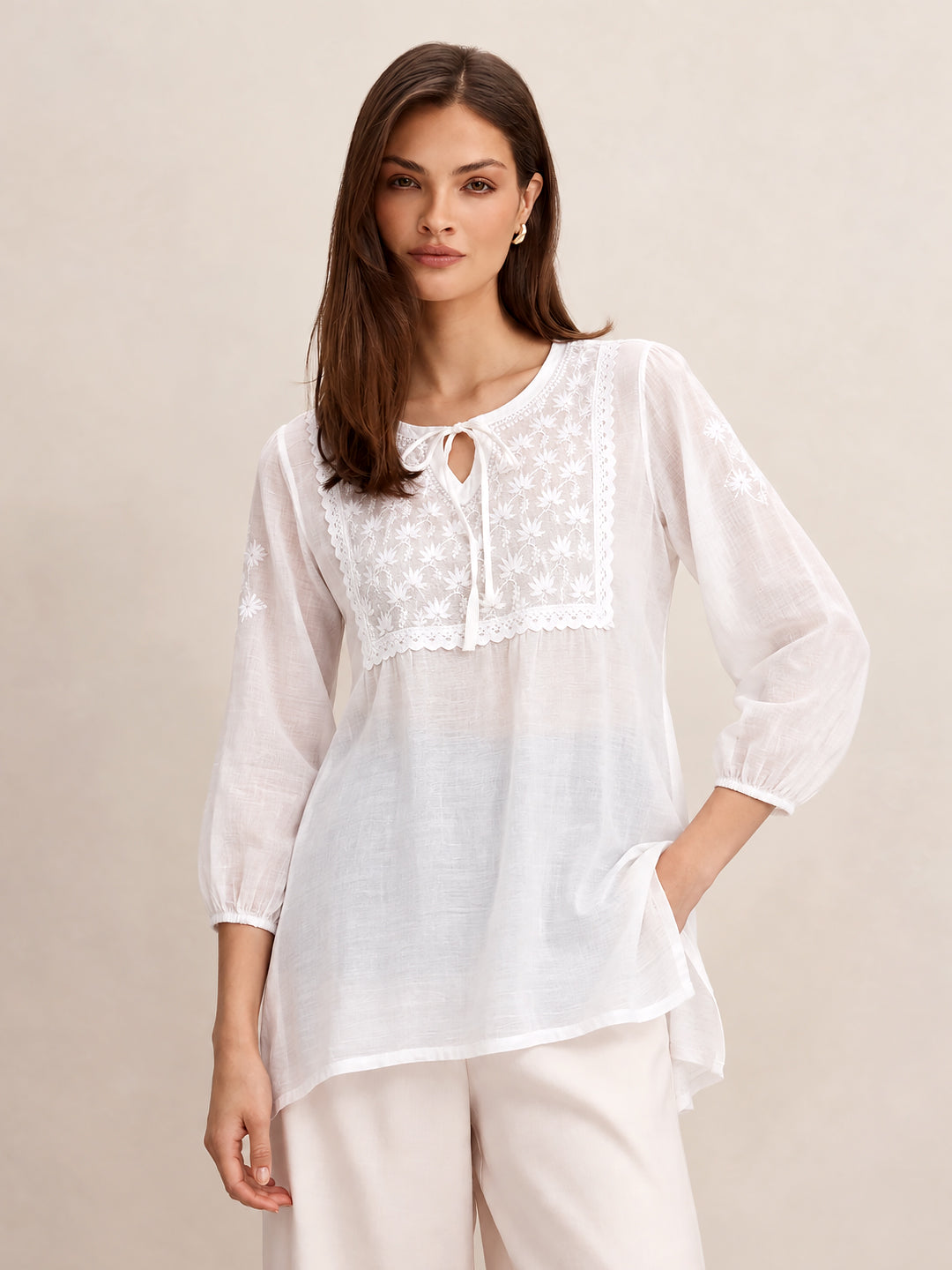 White Laina Chanderi Chikankari Short Top
