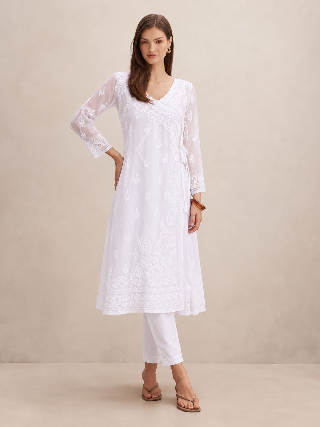 Kalyani Priyadarshini Jaanvi Georgette Chikankari Angrakha - White