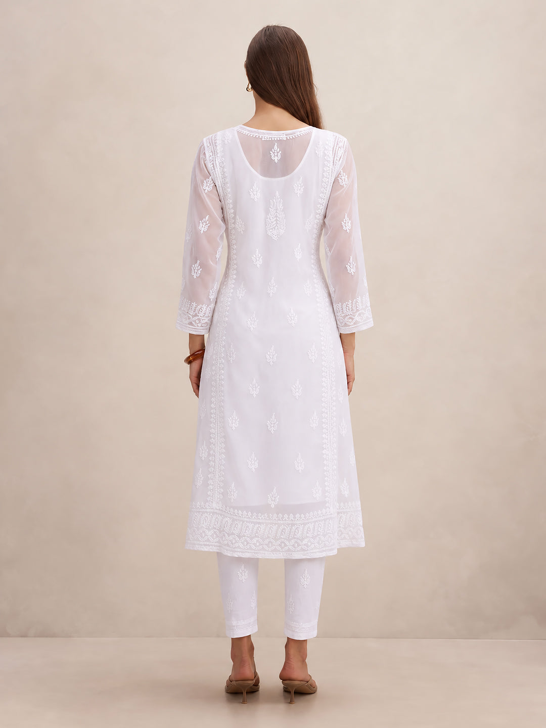 Kalyani Priyadarshini Jaanvi Georgette Chikankari Angrakha - White