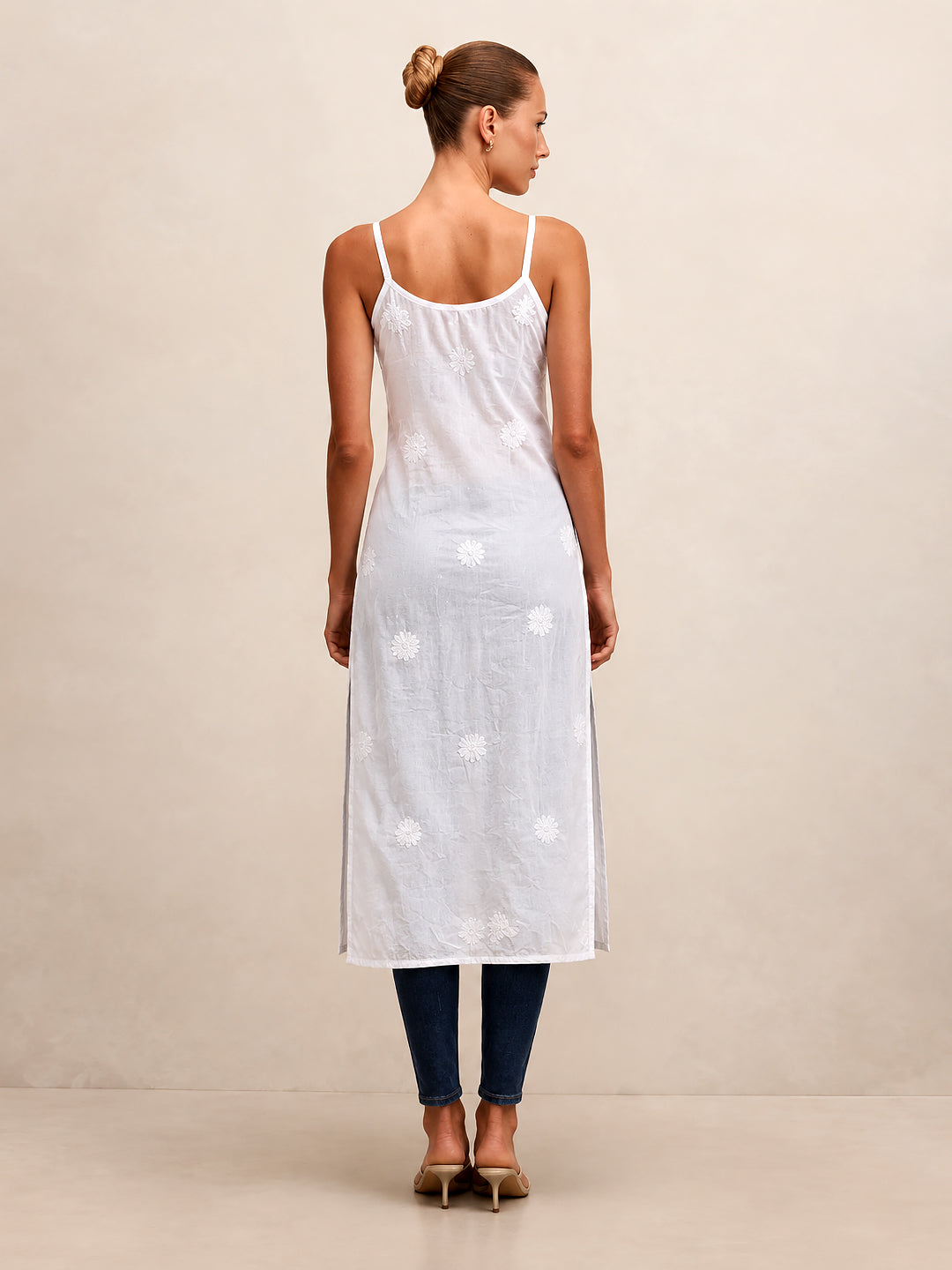 White Shaima Mulmul Chikankari Strappy Kurta