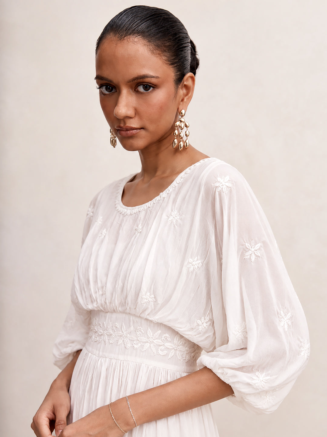 White Muslin Chikankari Kimono Boho Kaftan