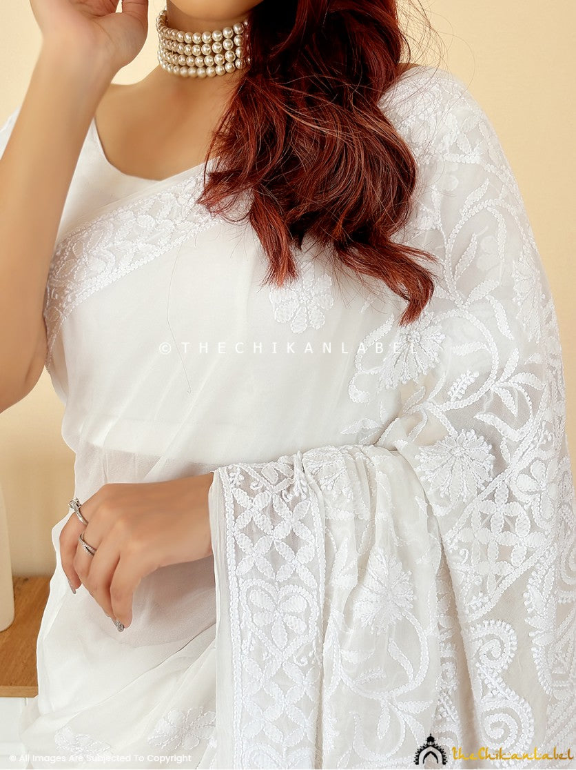 Kangana Ranaut White Viscose Chikankari Saree