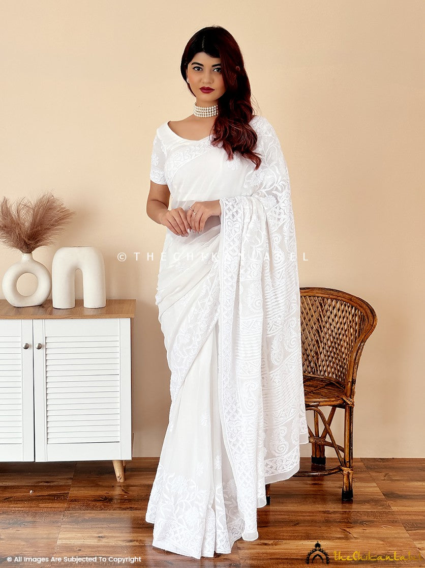 Kangana Ranaut White Viscose Chikankari Saree