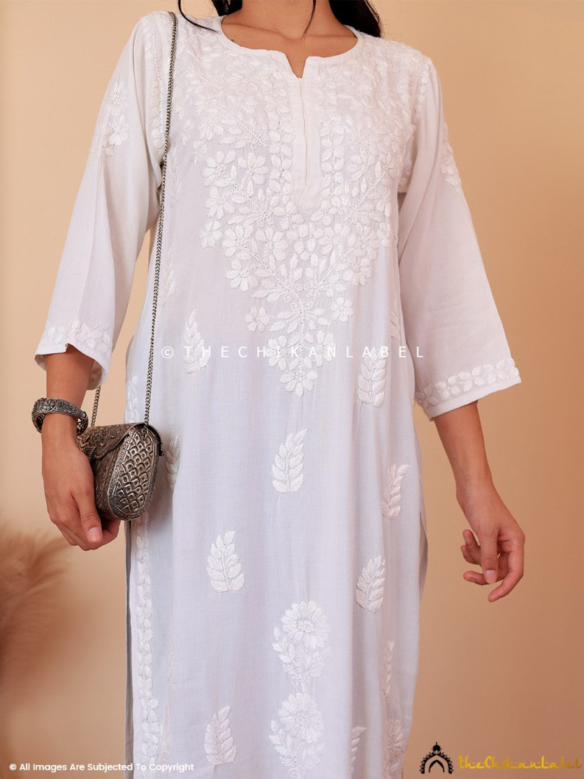 White Aarna Rayon Chikankari Straight Kurti , Chikankari Straight Kurti in Rayon Fabric For Woman