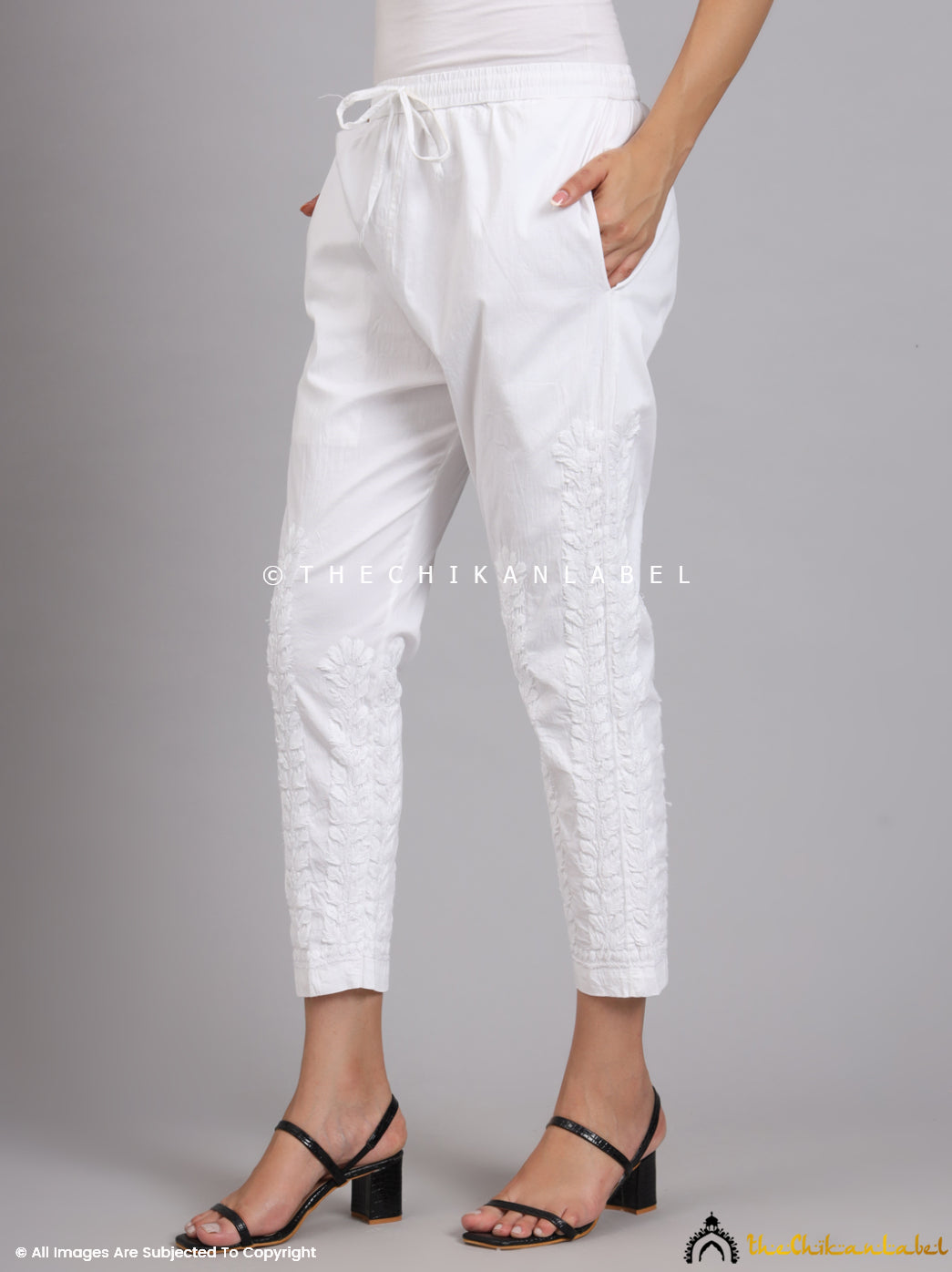 White Aarushi Lycra Straight Chikankari Pant