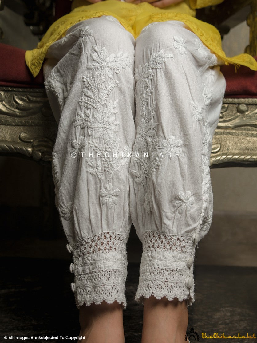 White Afghani Cotton Chikankari Pant