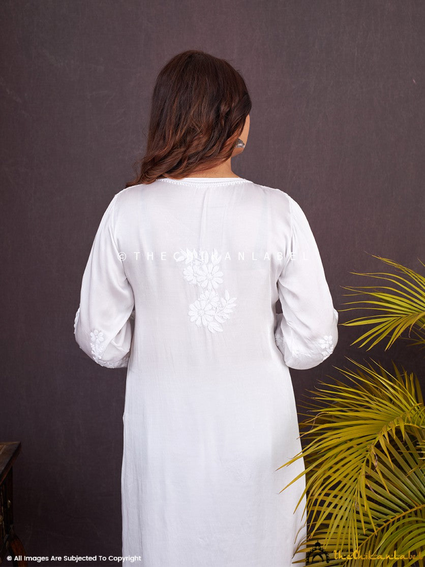 White Afiza Satin Modal Chikankari Kurta Set ,Chikankari Kurta Set in Modal Fabric For Woman