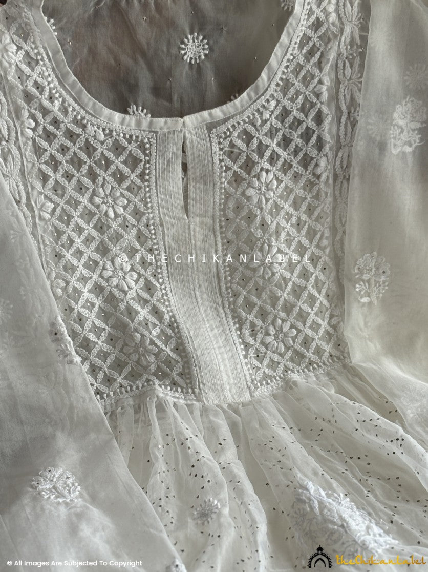 White Ahilya Semi-Stitched Organza Chikankari Suit