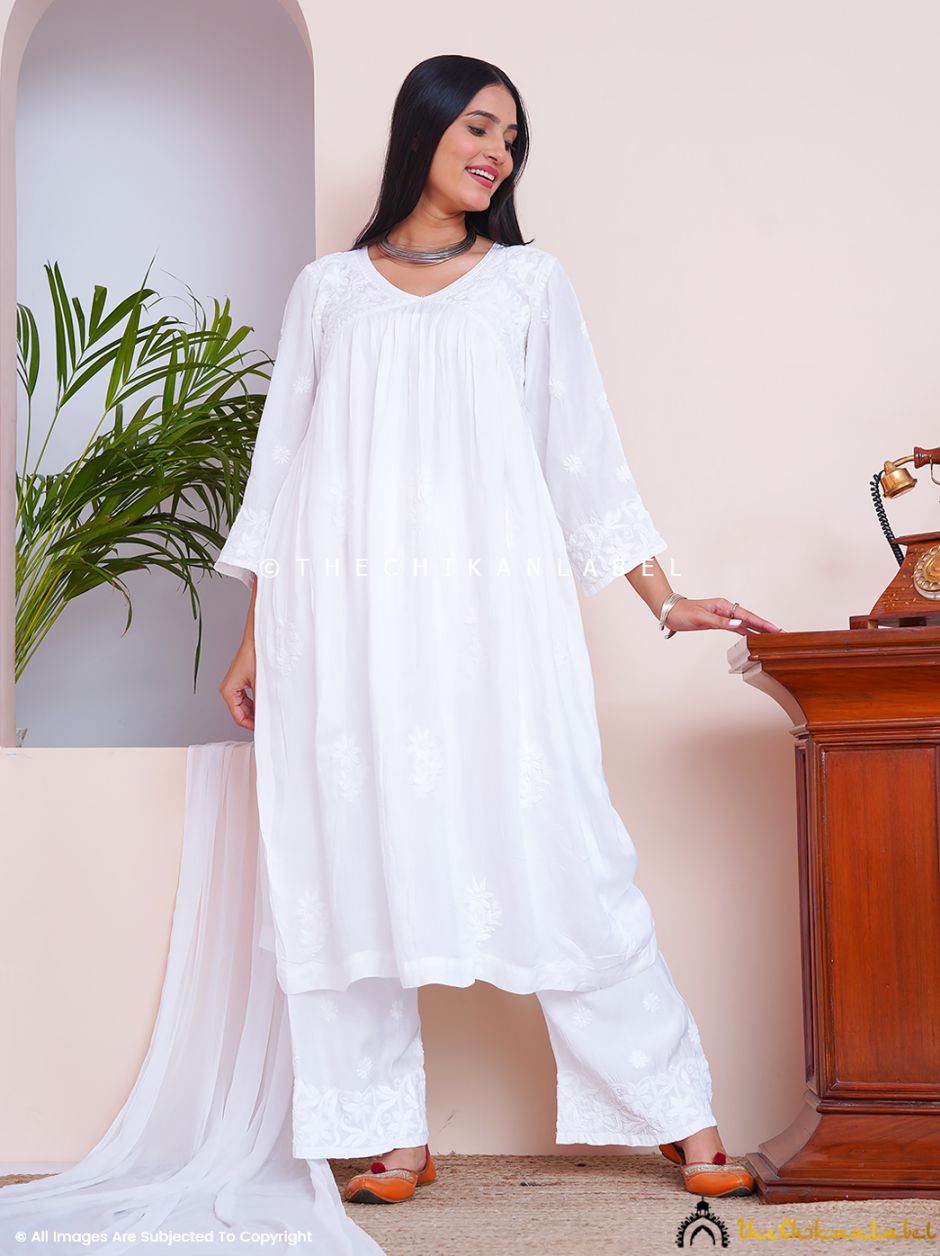 white chikankari kurti pant set with dupatta in muslin fabric for women, Lucknow chikankari kurta set