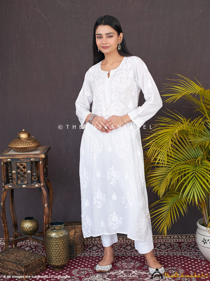 White Ambar Modal Chikankari Straight Kurti ,Chikankari Straight Kurti in Modal Fabric For Woman