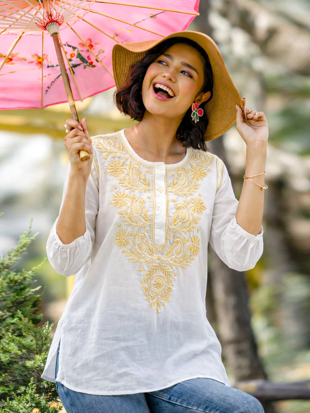Straight fit chikankari kurti featuring detailed front embroidery, long sleeves, and soft fabric designed for effortless styling in modern ethnic fashion.