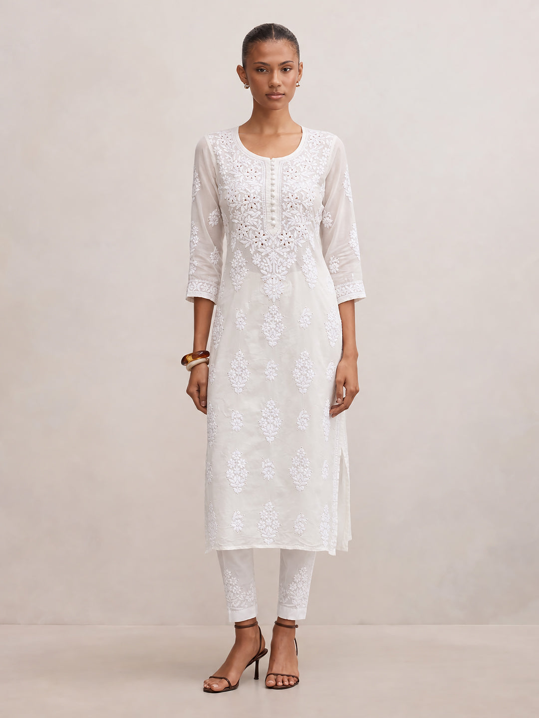Aniya Chanderi Chikankari Straight Kurti - White