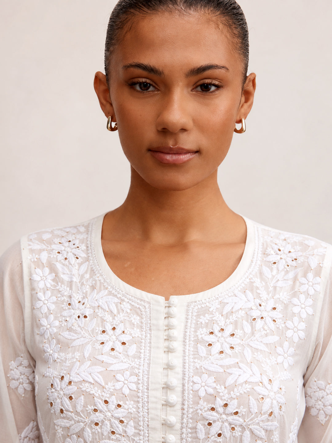 Aniya Chanderi Chikankari Straight Kurti - White