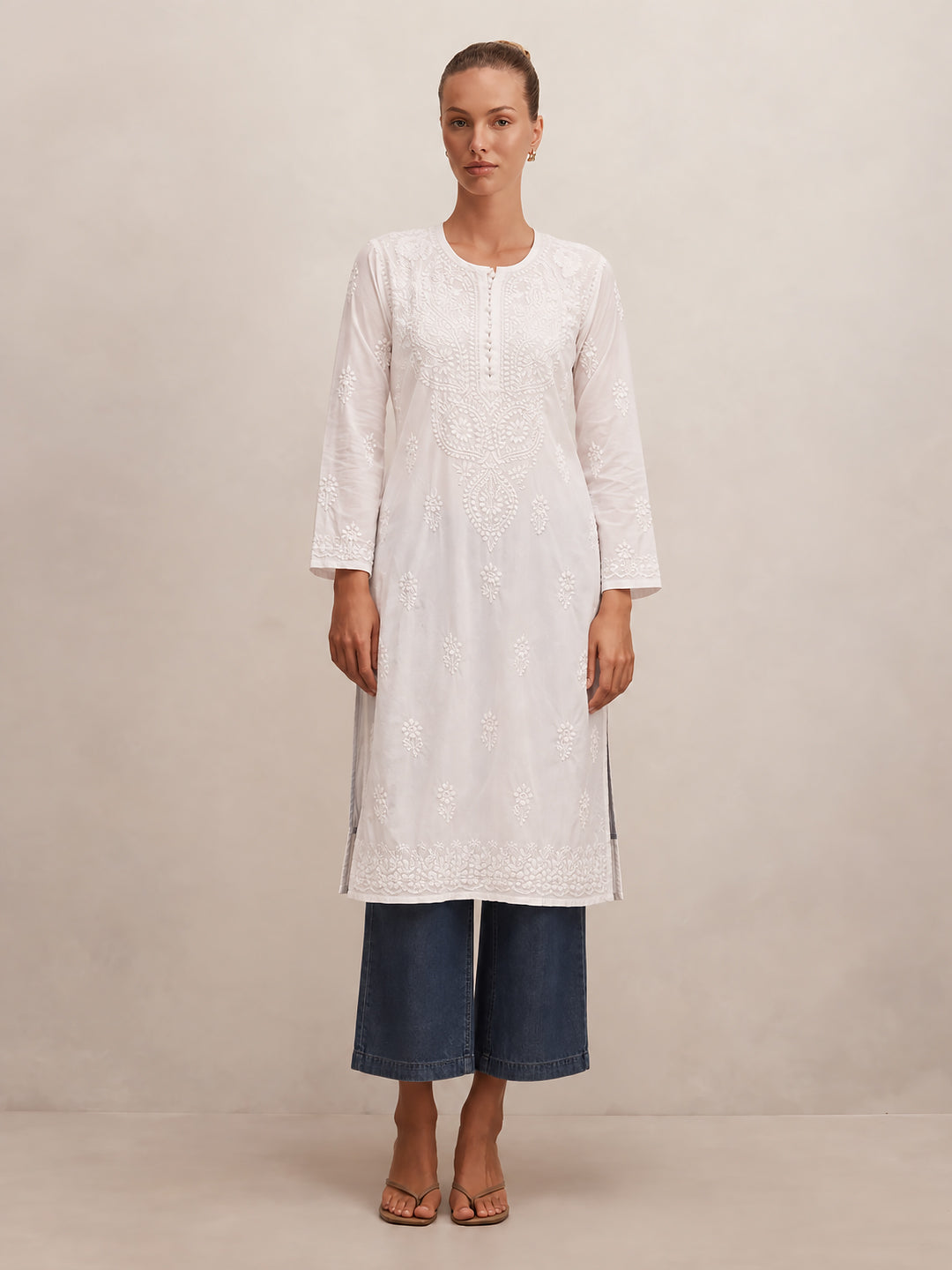 White Barkha Cotton Chikankari Straight Kurti