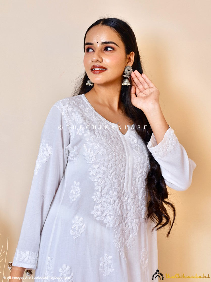 White Bhavika Rayon Chikankari Kurti Palazzo Set