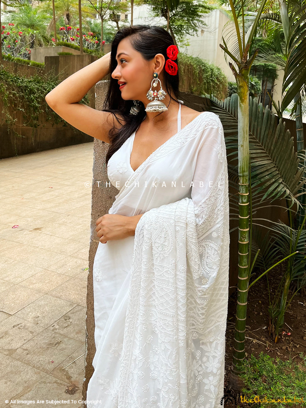 White Chandni Pure Viscose Chikankari Saree - Main Image