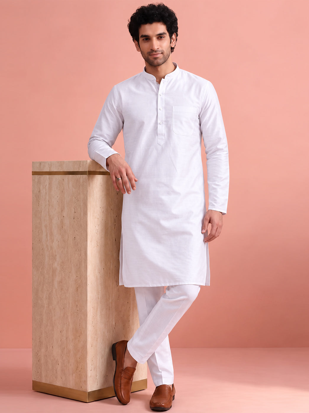 Avi Cotton Straight Kurta for men featuring a classic straight silhouette, full sleeves, band collar, front button placket, and comfortable regular fit for everyday ethnic wear