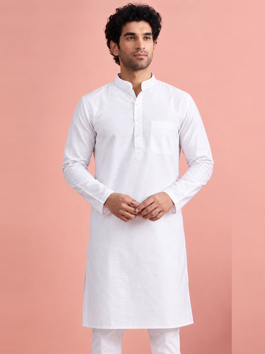 Men’s straight kurta crafted from cotton fabric with a traditional band collar, full sleeves, front button detailing, and a practical chest pocket for versatile daily styling