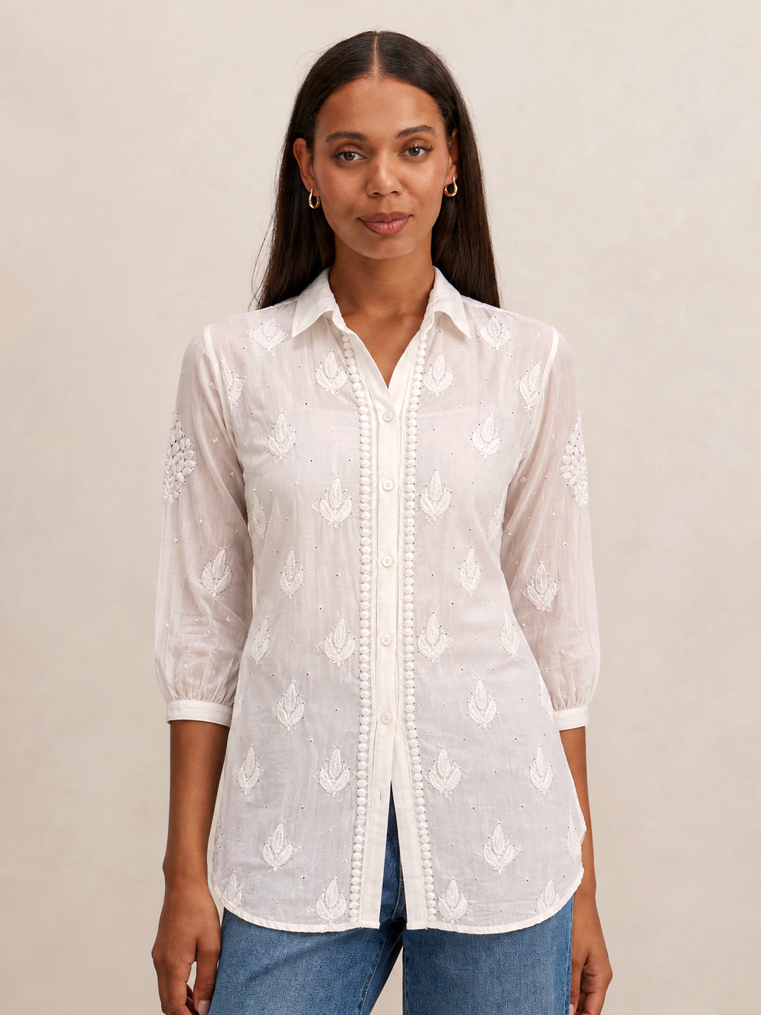 White Divisha Muslin Emblished Chikankari Shirt