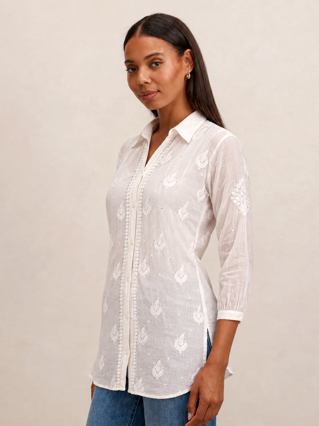 White Divisha Muslin Emblished Chikankari Shirt