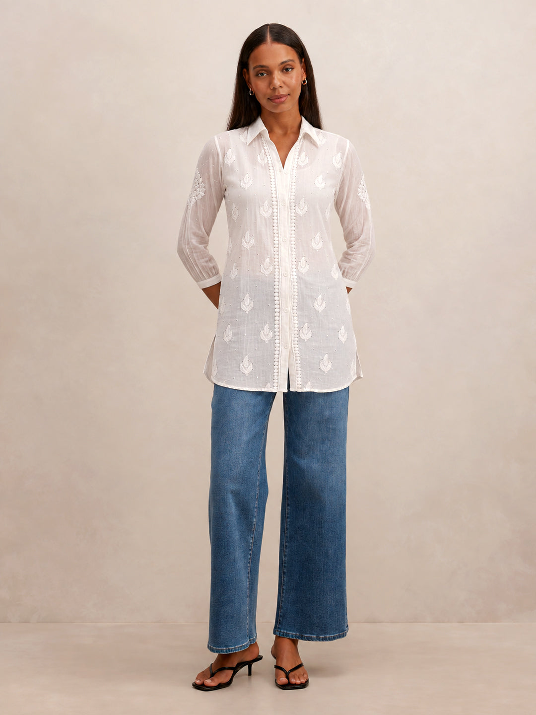 White Divisha Muslin Emblished Chikankari Shirt