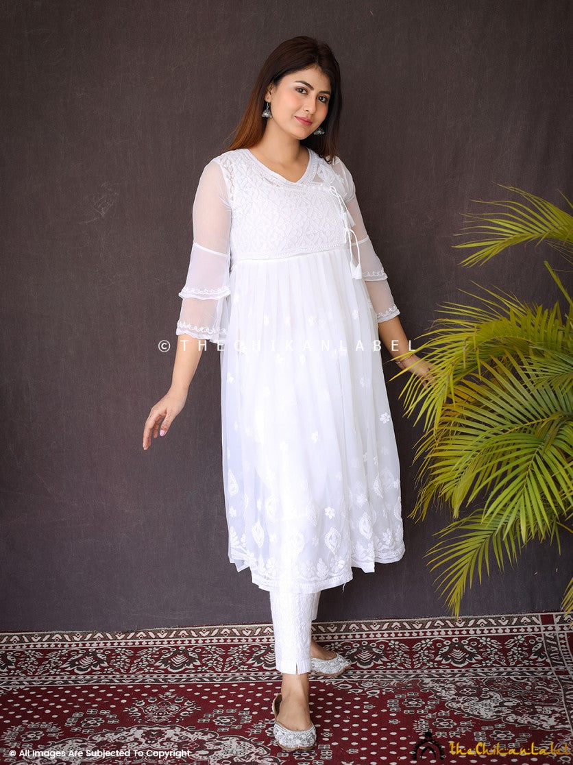 White Georgette Chikankari A-Line Kurta ,Chikankari A-Line Kurta in Georgette Fabric For Woman