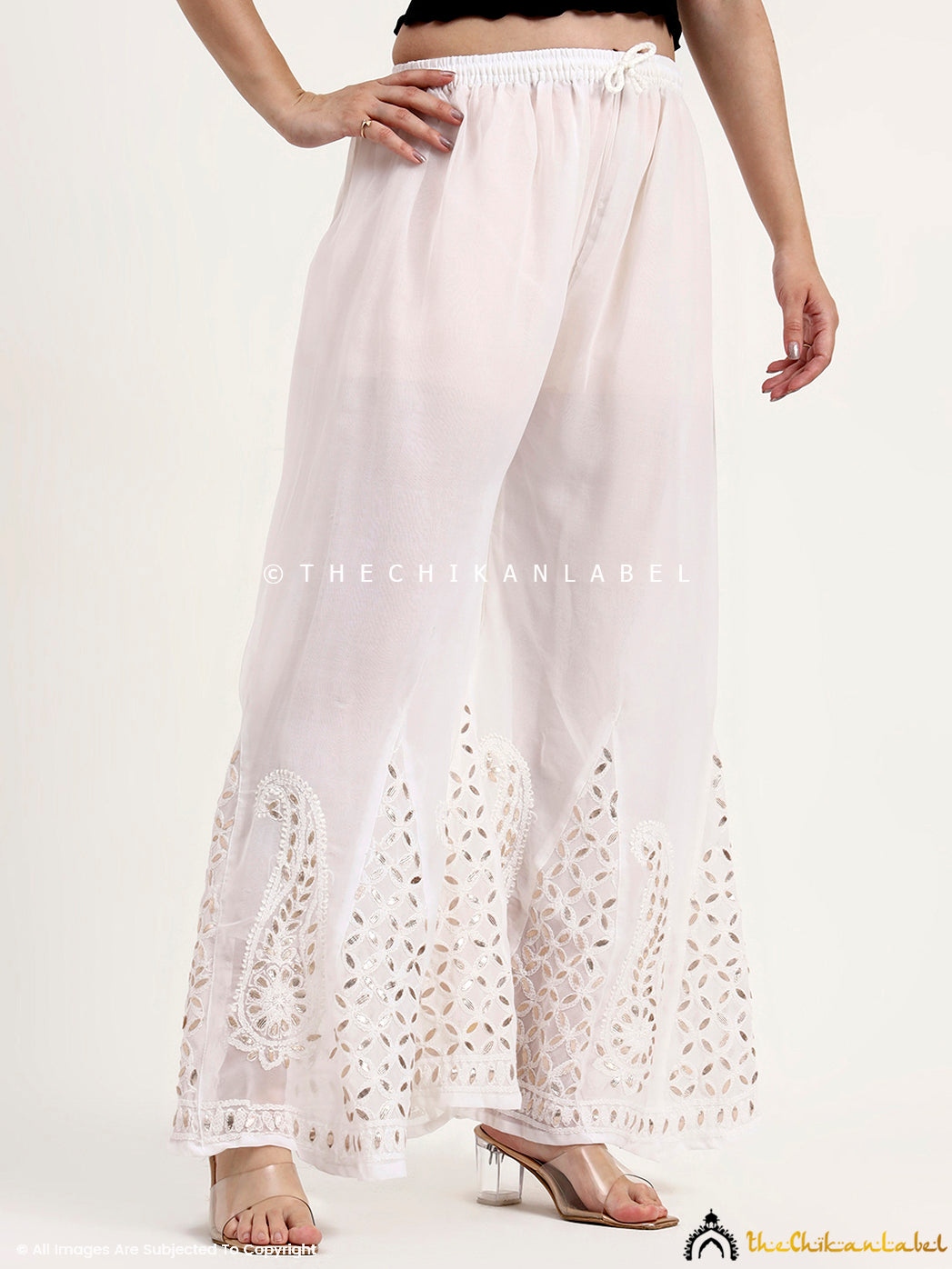 Fashionable chikankari sharara in georgette perfect for pairing with kurtis and ethnic tops.