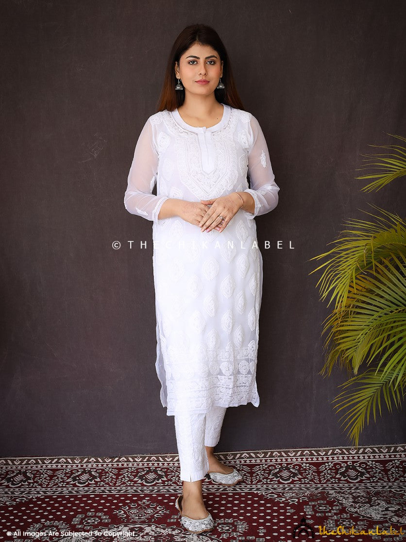 White Georgette Chikankari Straight Kurti ,Chikankari Straight Kurti in Georgette Fabric For Woman