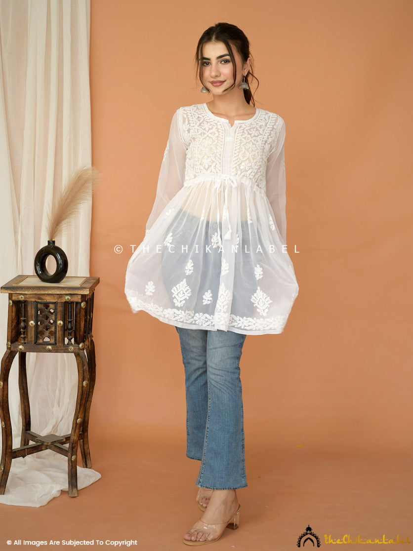 White Georgette Chikankari Tunic Top ,Chikankari Tunic Top in Georgette Fabric For Woman