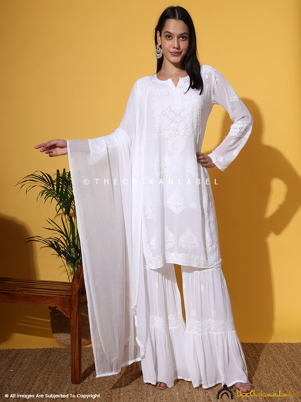 White Giva Viscose Chikankari Kurti Garara Set with Dupatta