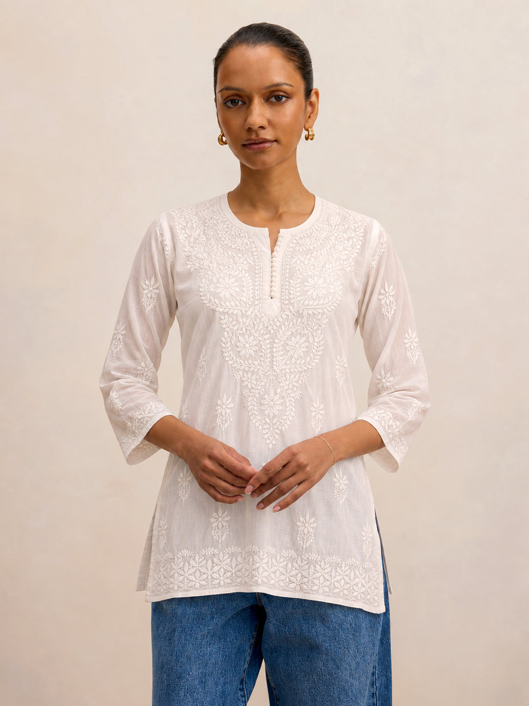 White Ira Cotton Chikankari Short Kurta