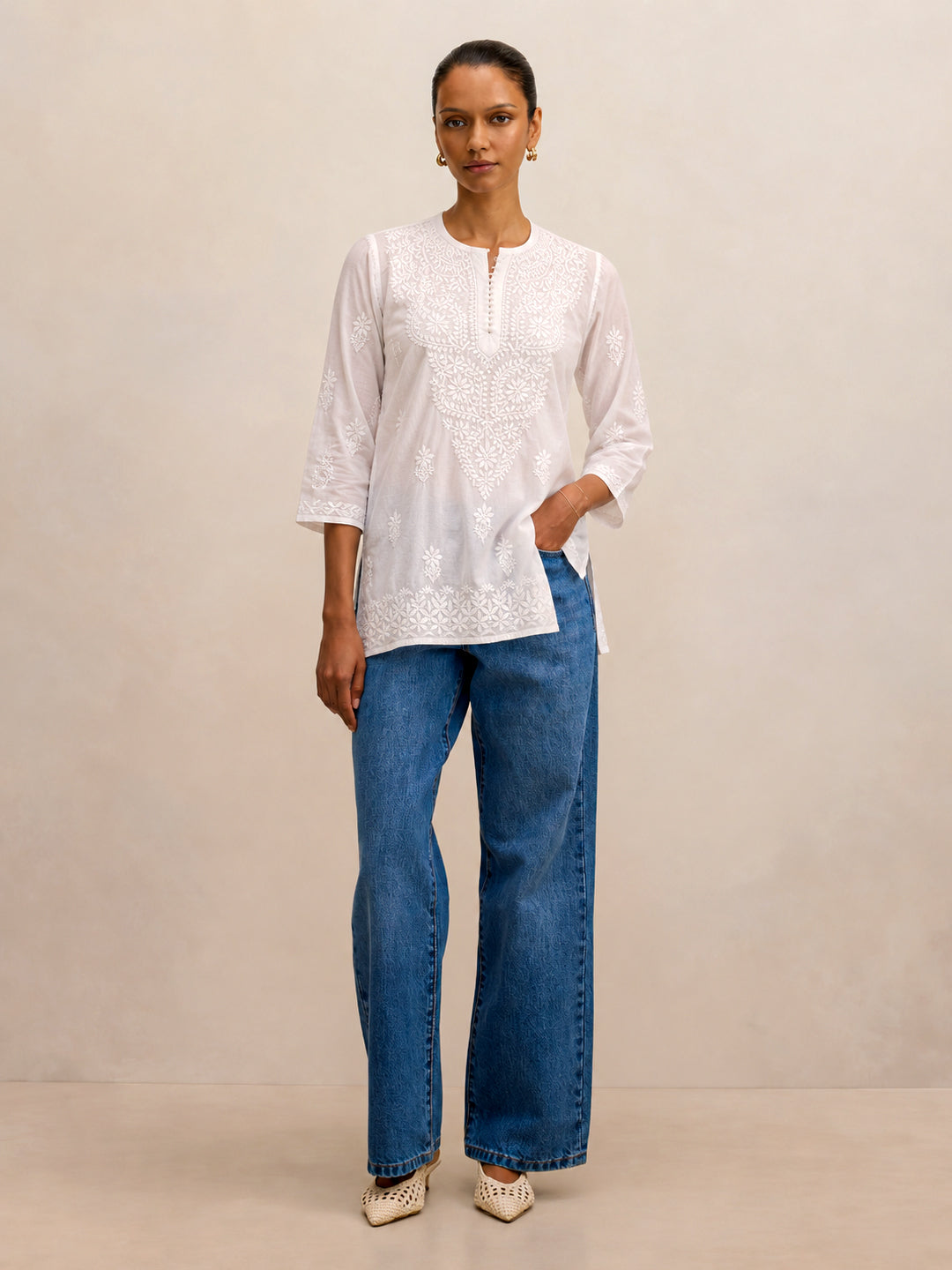 White Ira Cotton Chikankari Short Kurta