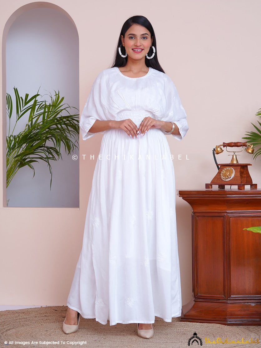 White Muslin Chikankari Kimono Kaftan dress