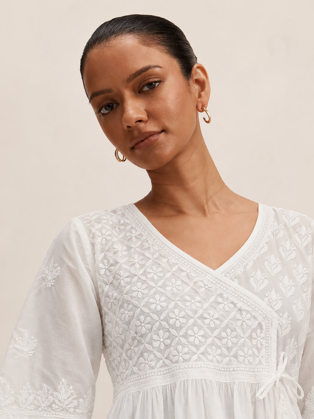 Isra Mulmul Cotton Chikankari Short Angrakha Kurti-White